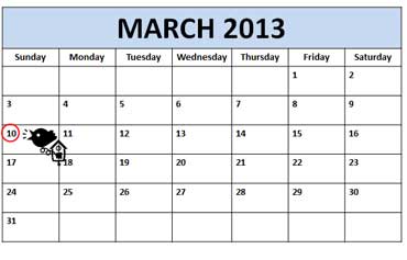 Daylight Savings Time Calendar - Sunday, March 10, 2013