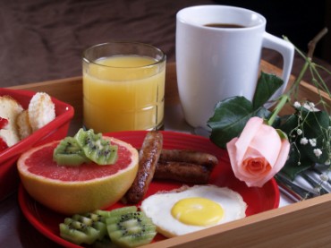 Breakfast on a Tray with a Pink Rose