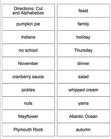 Thanksgiving Vocabulary Cards